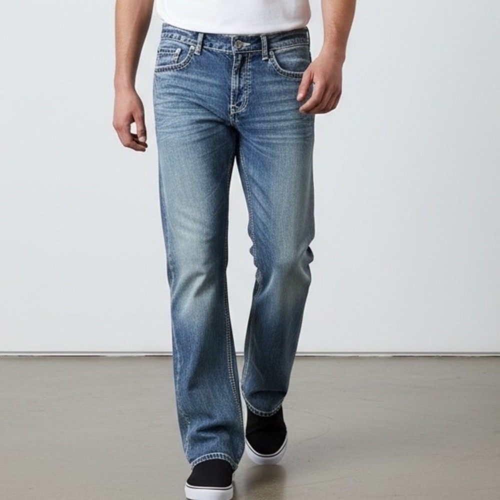 Helix Mens Bootcut Jeans 36x30 Denim  Y2K Grunge Skater whiskers distressed spot